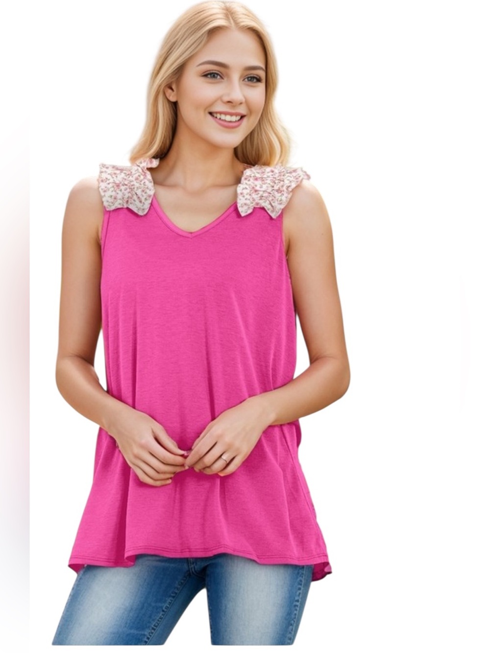 Heimish Pink V Neck Solid with Floral Ruffle Detail